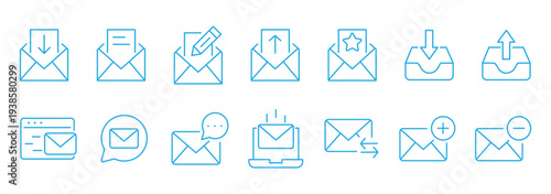 Minimalist line email icon set with editable stroke featuring inbox  message  envelope  notification  mailing  and interface symbols. Contact line editable icon set. Envelope icons.