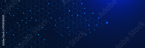 Abstract hexagon pattern with glowing particles on dark blue background. Futuristic network connection, global communication, science and technology. Vector