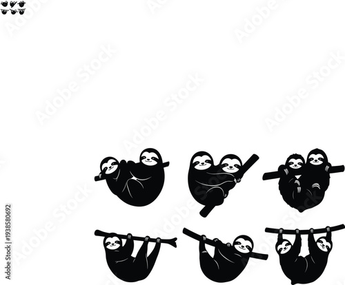 Cartoon sloth illustrations, black and white, hanging pose, tree branch, duo cuddling, parent-child, relaxed posture, vector art, character set