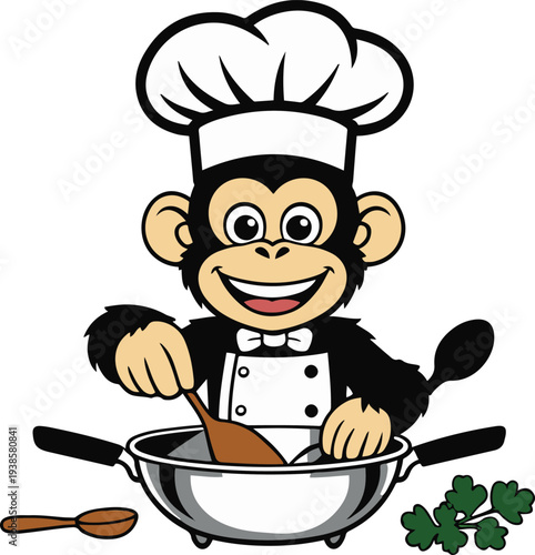  Funny monkey chef wearing chef hat cooking in a frying pan, bold thick black clean outline, minimal vector sticker style, pure white background, isolated object