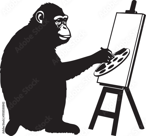 Monkey artist painting on a canvas with brush and palette, bold thick black clean outline, minimalist vector sticker, white background