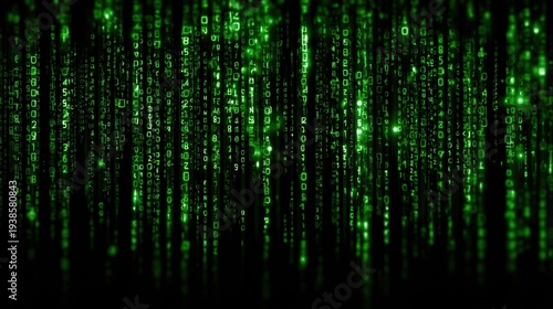 Obraz na płótnie Green matrix style digital code on dark background. Programming and cyber technology concept.