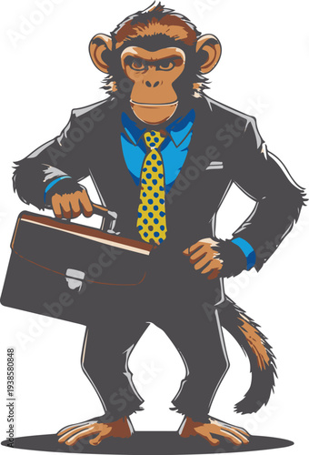 Monkey businessman wearing tie and holding briefcase, confident standing pose, bold thick black clean outline, vector sticker style, white background 1