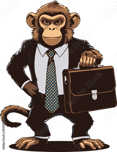Monkey businessman wearing tie and holding briefcase, confident standing pose, bold thick black clean outline, vector sticker style, white background 2