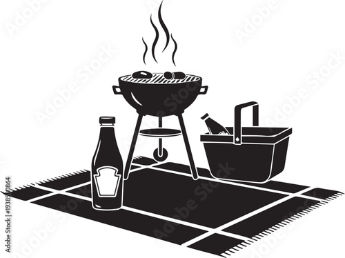 Black and white illustration of a barbecue grill with bottle and basket