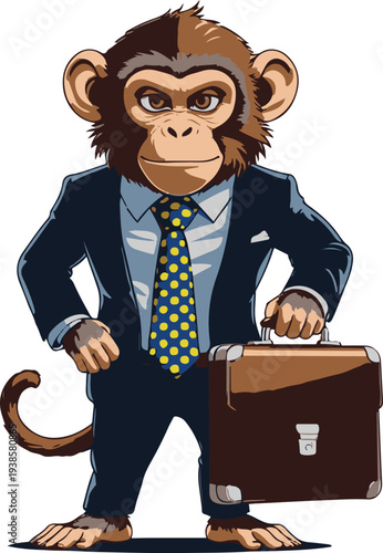  Monkey businessman wearing tie and holding briefcase, confident standing pose, bold thick black clean outline, vector sticker style, white background 3