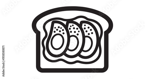Simple black and white vector graphic illustration of delicious avocado toast on a slice of bread