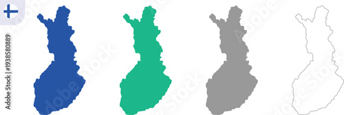 Finland Map Vector Illustration 4 Variation Set with Blue, Turquoise, Gray and Outline Country Silhouette Shapes Isolated on Transparent Background, Hand Made Geography Design, AI EPS10 JPG PNG.