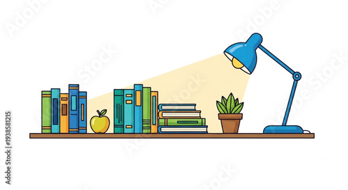 Bookshelf with a lamp and a plant.