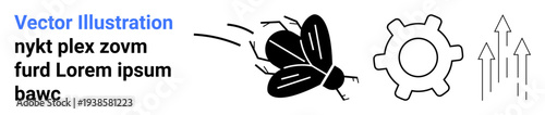 Innovation, technology, process improvement, growth, problem-solving, conceptual art. Simplistic flying bug with motion lines, a gear symbol and upward arrows. Innovation and technology illustrated