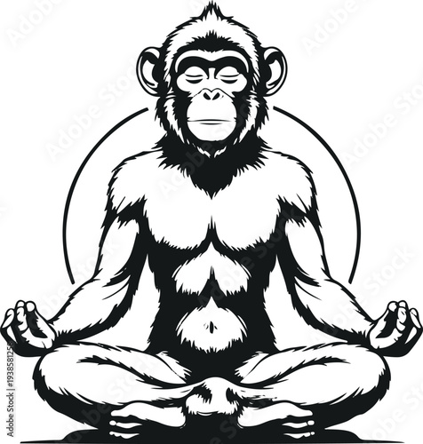 Monkey yoga trainer sitting in meditation pose, bold thick black clean outline, vector sticker, white background
