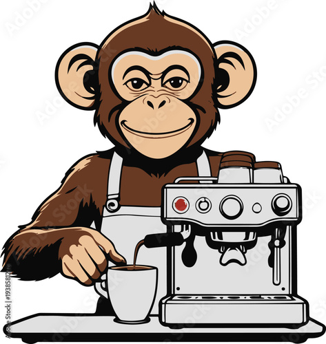 Smart monkey barista making coffee with a coffee machine, bold thick black clean outline, minimalist vector sticker, white background 1