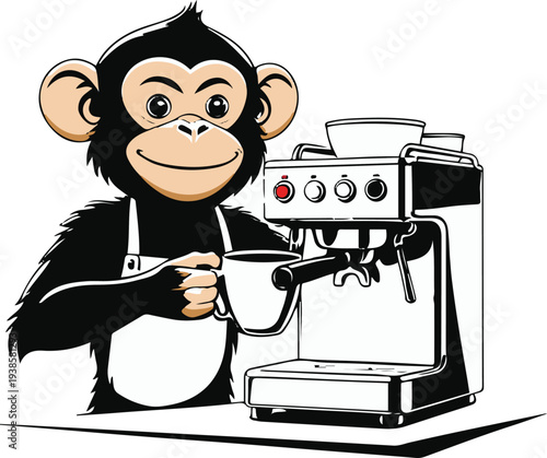 Smart monkey barista making coffee with a coffee machine, bold thick black clean outline, minimalist vector sticker, white background 2
