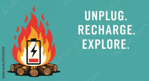 Campfire with battery symbol and text unplug recharge explore.