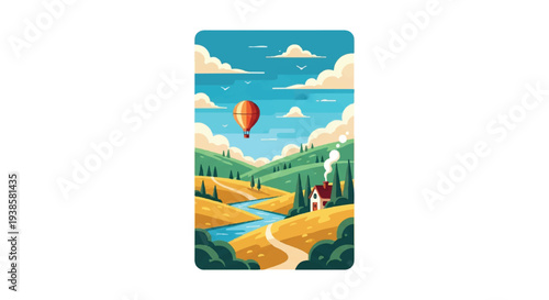 Scenic landscape illustration featuring hot air balloon over rolling hills and river