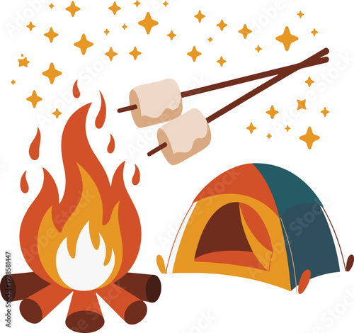 Camping scene with tent campfire and roasting marshmallows vector illustration