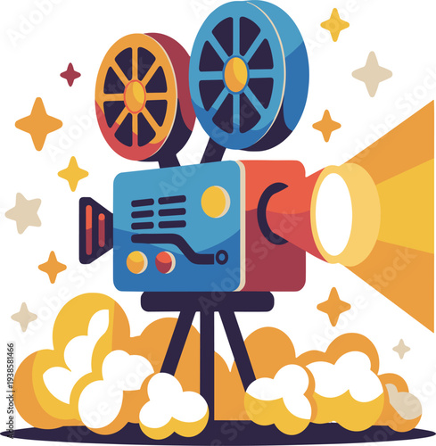 Colorful of a vintage projector on clouds reels camera vector illustration