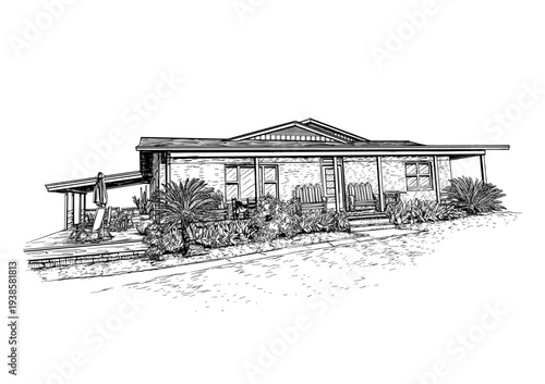 Modern Ranch Style House Architectural Sketch Vector