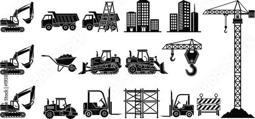 Construction machinery and building equipment silhouette icon set with crane excavator bulldozer forklift scaffolding for engineering industry and infrastructure projects