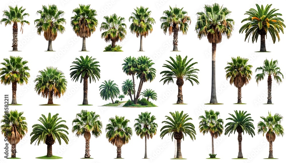 Fototapeta premium Various palm trees isolated on a white background, showcasing different shapes and sizes of palms