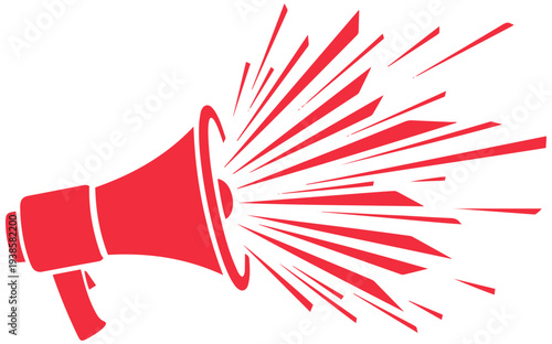 Vibrant red megaphone with dynamic sound waves expressing loud announcement