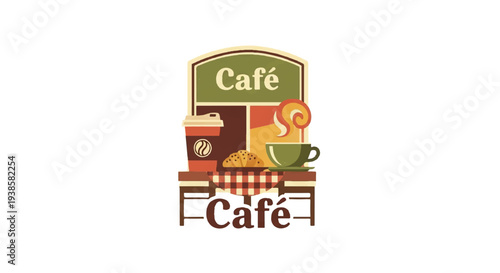 Cafe sign featuring coffee cup dessert lollipop and table