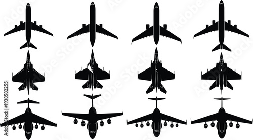 Airplane and military jet aircraft silhouette collection top view aviation transport and fighter plane icons for aerospace and defense illustration