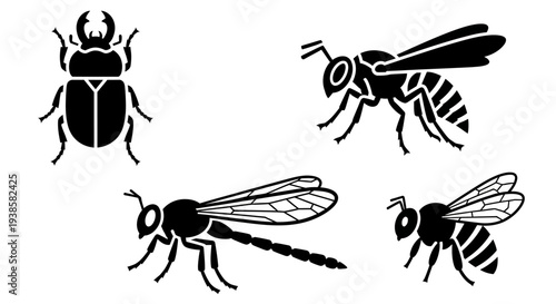 Insect Silhouettes Collection: Beetle, Wasp, Dragonfly, and Bee Vector Icons