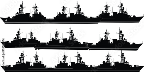 Naval warship destroyer silhouette collection military navy combat ships side view maritime defense fleet vessels illustration set