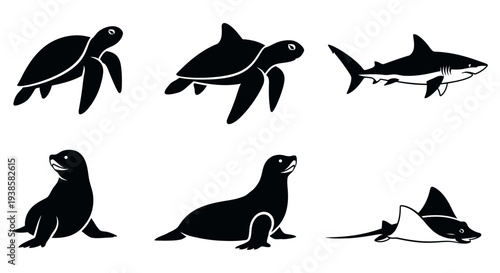 Marine Animal Silhouettes Set: Sea Turtle, Shark, Seal, and Manta Ray Icons