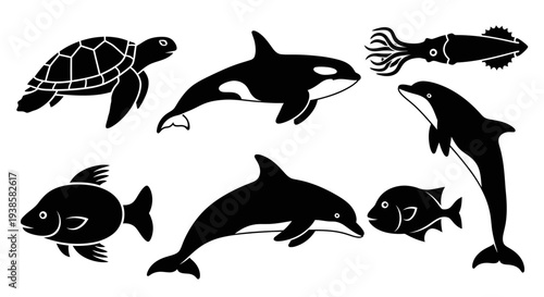 Marine Animals Black Silhouettes Set - Ocean Creatures Vector Icons