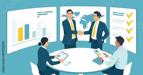 Business Partnership And Agreement Illustration, Handshake Between Executives With Global Map And Charts Background, Collaboration And Corporate Strategy Concept, Modern Vector Graphic For Business Me