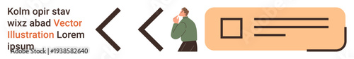 Communication, decision-making, messaging systems, information design, user interfaces, abstract thinking. A man contemplating near arrows and a text box. Communication and decision-making concepts