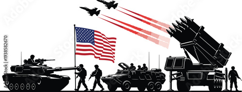 United States military power concept with tank soldiers missile launcher fighter jets and American flag patriotic defense illustration
