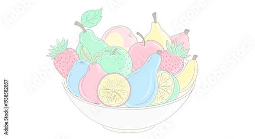 A pastel-colored fruit bowl filled with a variety of fresh fruit