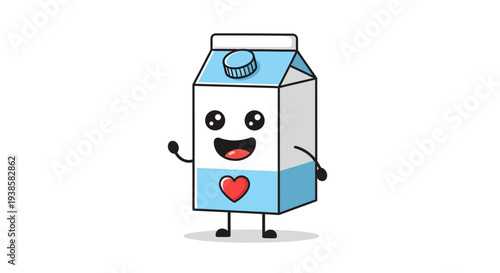 An adorable cartoon milk carton character with a cheerful expression and a heart symbol. The illustration is designed with a simple, friendly aesthetic, making it perfect for various projects