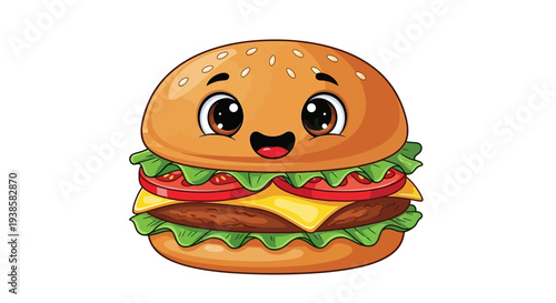 A cute and cheerful cartoon hamburger with big eyes and a smile, a creative illustration for food concepts