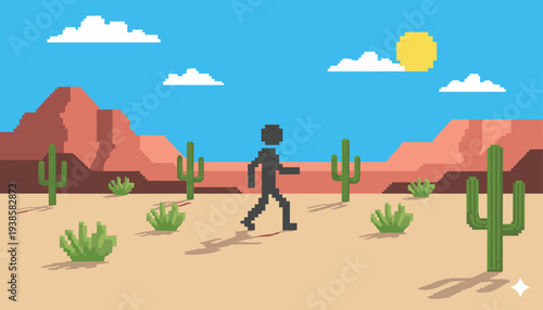 Pixel art desert landscape with lone traveler walking among cacti, shrubs, and red rock formations under bright blue sky with sunlit clouds, stylized retro illustration