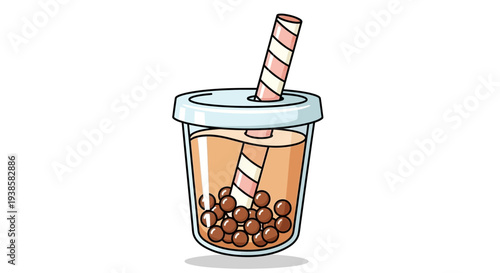 A refreshing bubble tea in a clear plastic cup, complete with tapioca pearls and a striped straw