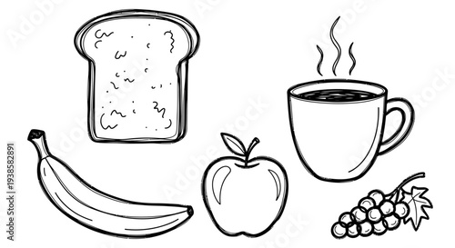 A healthy breakfast set: banana, apple, grapes, bread, coffee. A drawing style image with various types of healthy food