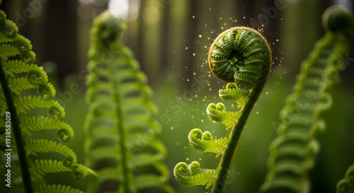 Close up of a vibrant green fiddlehead fern unfurling with magical light particles in a lush forest for new life concept and natural wonder