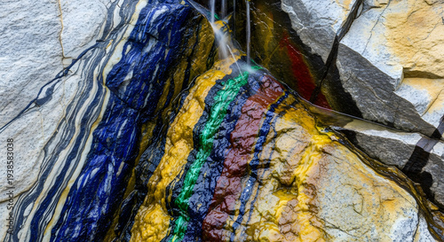 Vibrant colorful rock formation with water flowing down, showcasing intricate geological patterns and natural abstract art concept