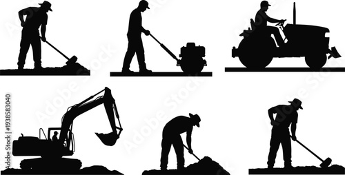 Construction worker and heavy machinery silhouettes set showing road work, digging, tractor driving and ground leveling industrial labor illustration