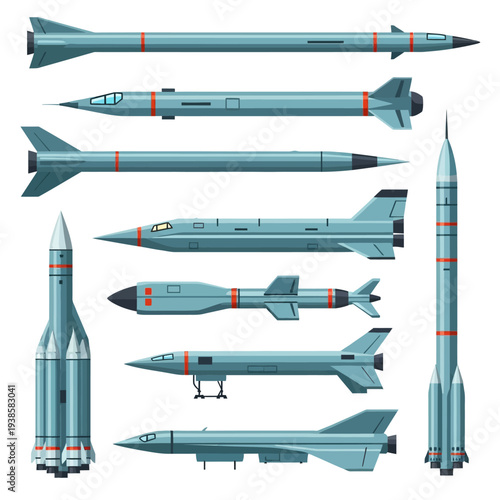 Ballistic Missile Vector Illustration Set Featuring Various Hypersonic Projectiles and Rockets