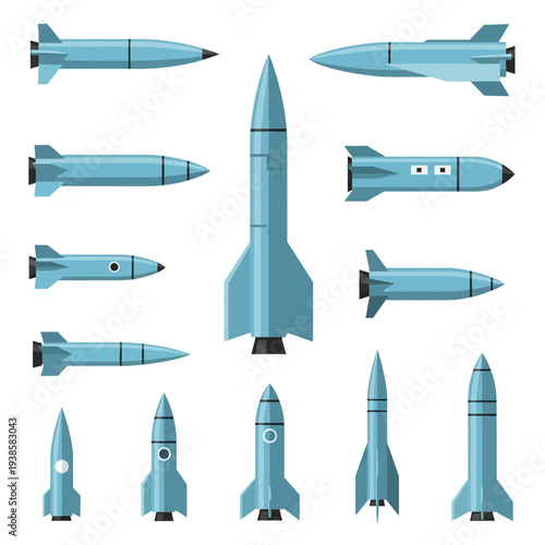 Ballistic Missile Illustrations Showing Various Types and Views of Advanced Military Rockets in Flat Vector Format