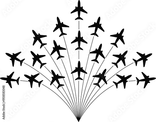 Airplane formation silhouette set showing multiple passenger jets flying in radial pattern, aviation travel concept isolated vector illustration