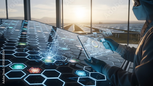 Technician analyzing solar panel performance data with digital tablet  