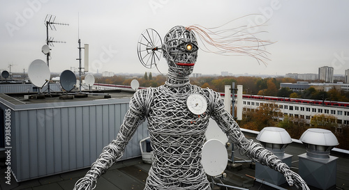 Robot sculpture standing on rooftop with industrial background  