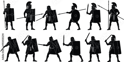 Ancient Roman soldiers silhouettes collection with shields swords and spears showing warrior poses historical army fighters isolated vector illustration