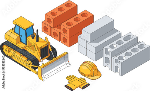 Construction equipment and building materials set with bulldozer bricks concrete blocks safety helmet gloves isolated vector illustration for engineering industry concept